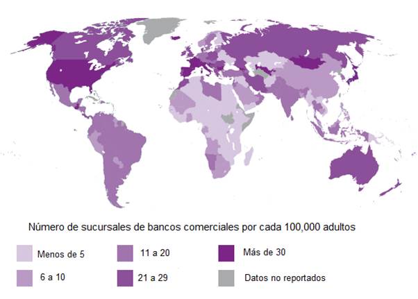 Número de sucursales de bancos comerciales por cada 100,000 adultos