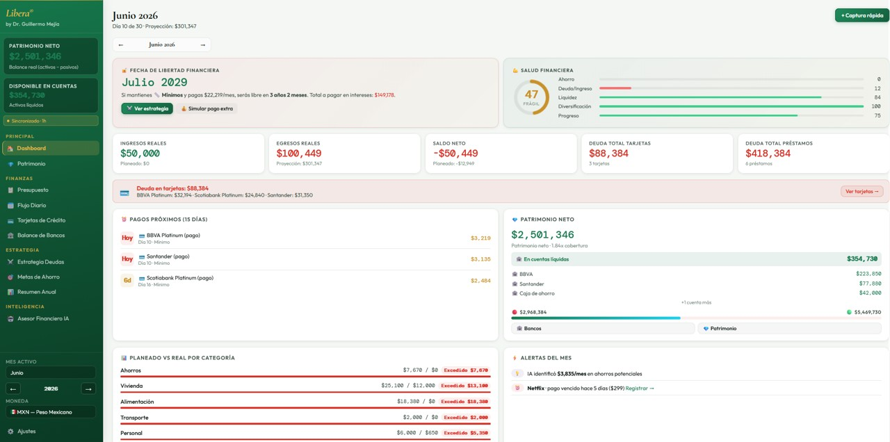 Dashboard de Libera con tu salud financiera, patrimonio y fecha de libertad